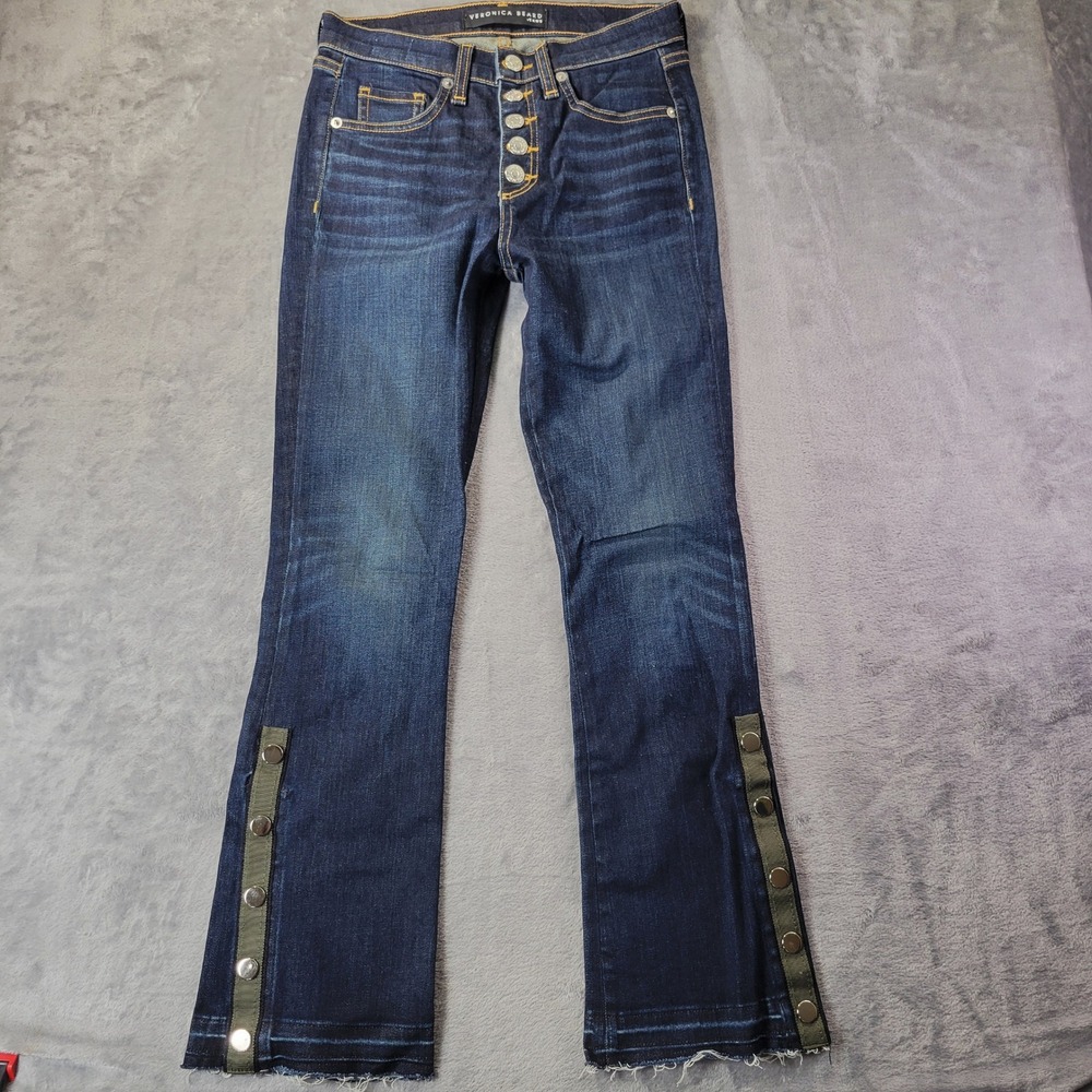 Veronica Beard‎ Carolyn Baby Boot Jeans 24 Dark Vintage Tuxedo Snap Stripe Cuff